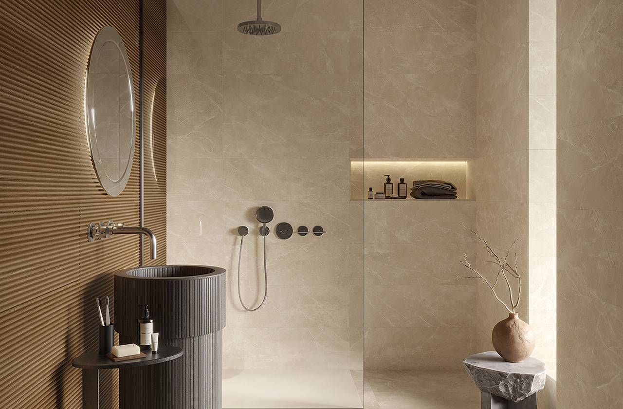 Room view Bathroom, created with tiles from the collection: OLTRE IL MARMO – Beige, Brown