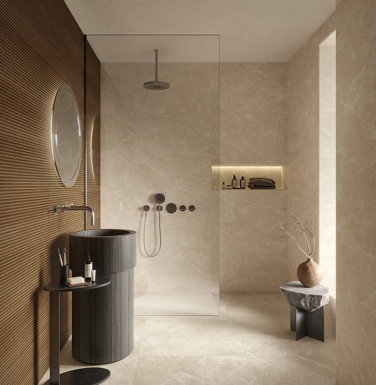 Room view Bathroom, created with tiles from the collection: OLTRE IL MARMO – Beige, Brown