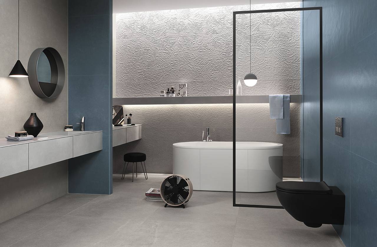 Room view Bathroom, created with tiles from the collection: BLOOM – Blue, Grey