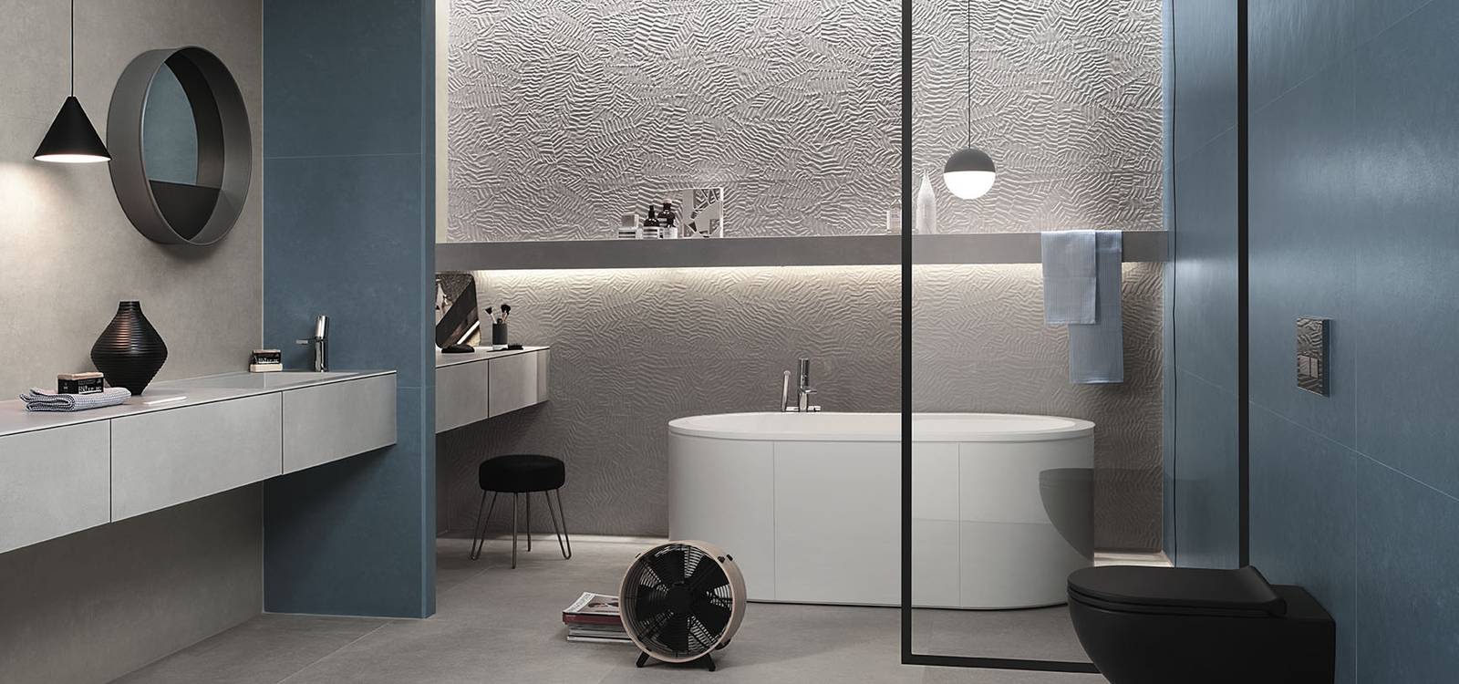 Imagen de ambiente Baño, realizada con baldosas de la colección: BLOOM – Blu, GRIS