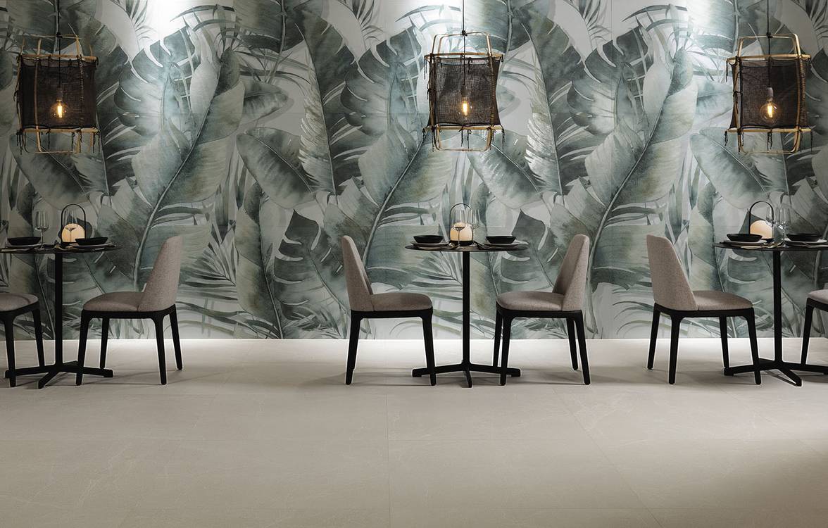 Imagen de ambiente Contrato, realizada con baldosas de la colección: BLOOM – Verde, BLANCO