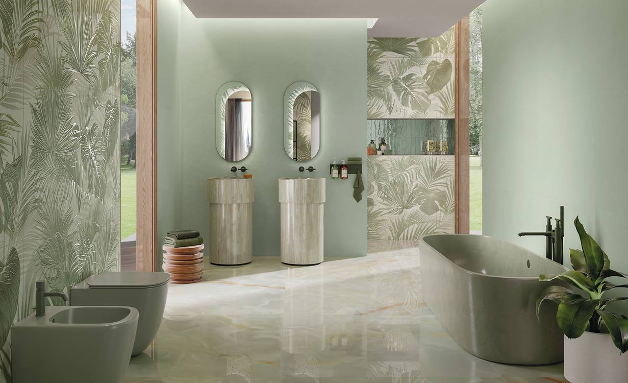 Imagen de ambiente Baño, realizada con baldosas de la colección: BLOOM – Verde