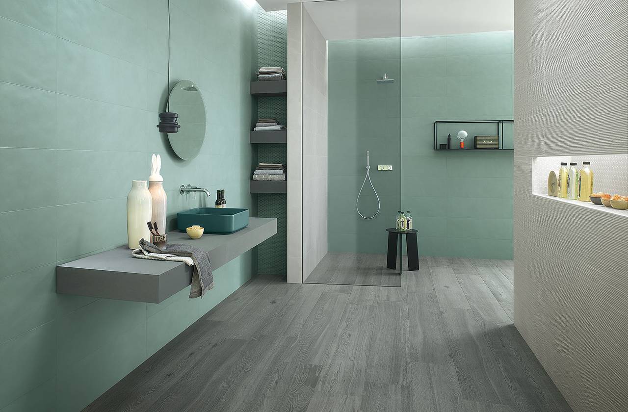 Room view Bathroom, created with tiles from the collection: COLOR LINE – Grey, Green
