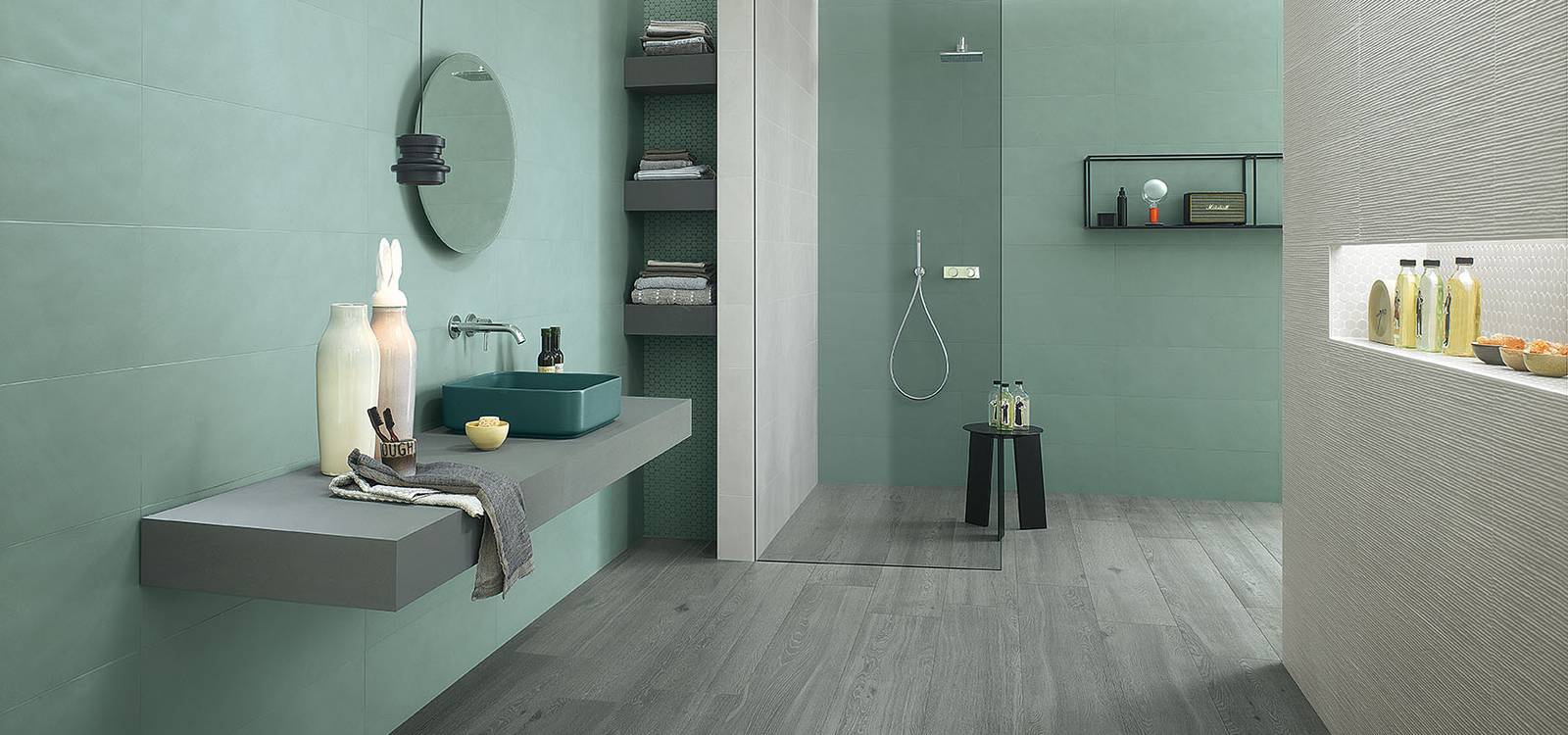Imagen de ambiente Baño, realizada con baldosas de la colección: COLOR LINE – GRIS, Verde