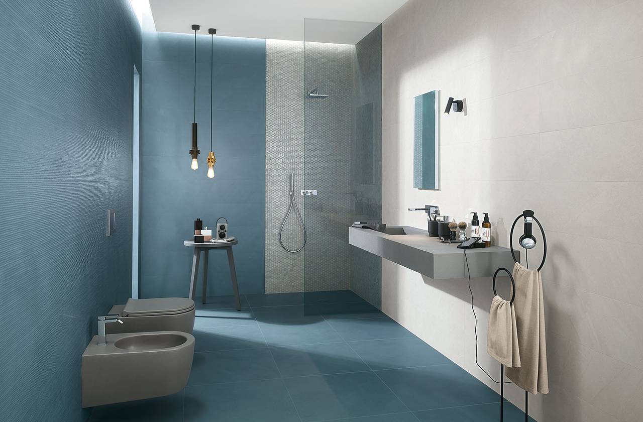 Room view Bathroom, created with tiles from the collection: COLOR LINE – Blue, Grey