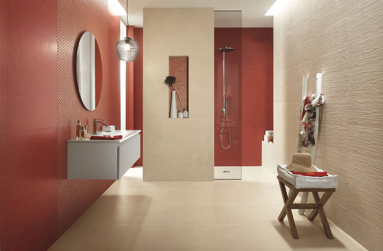 Room view Bathroom, created with tiles from the collection: COLOR LINE – Red-Pink, Beige