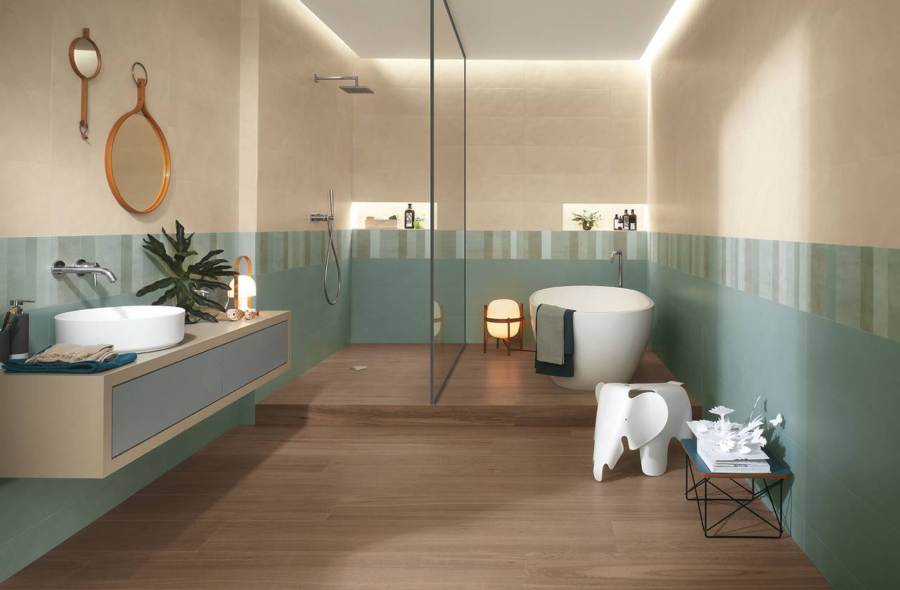Room view Bathroom, created with tiles from the collection: COLOR LINE – Green, Beige