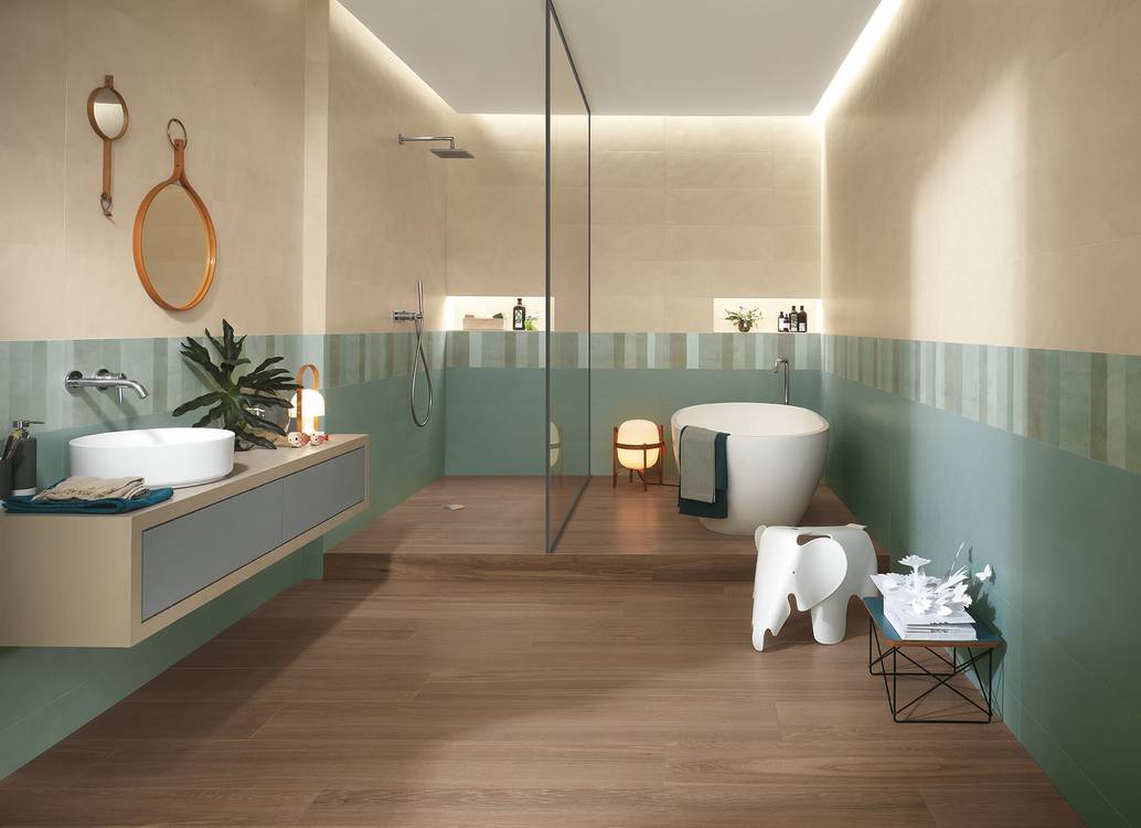 Imagen de ambiente Baño, realizada con baldosas de la colección: COLOR LINE – Verde, BEIGE