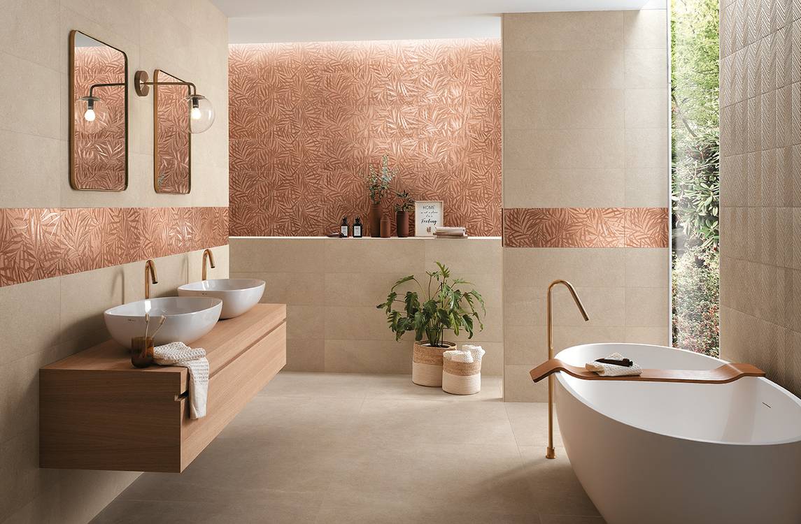 Imagen de ambiente Baño, realizada con baldosas de la colección: DECO&MORE – BEIGE, BROWN