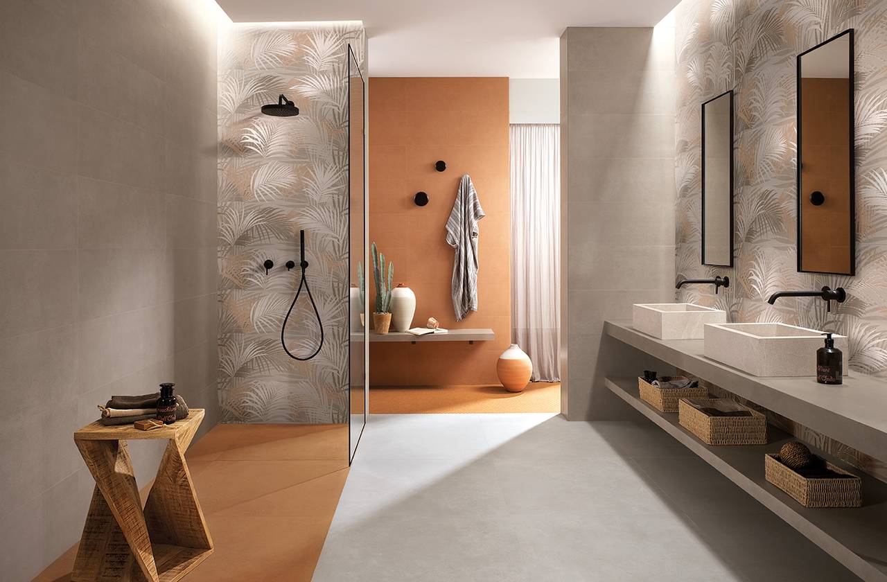 Room view Bathroom, created with tiles from the collection: DECO&MORE – Brown, Ocra, Grey