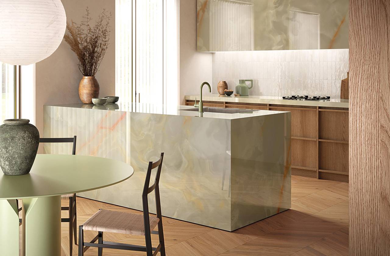 Интерьер Кухня, оформленный плиткой из коллекции: GEMME – зеленый, WHITE, BROWN