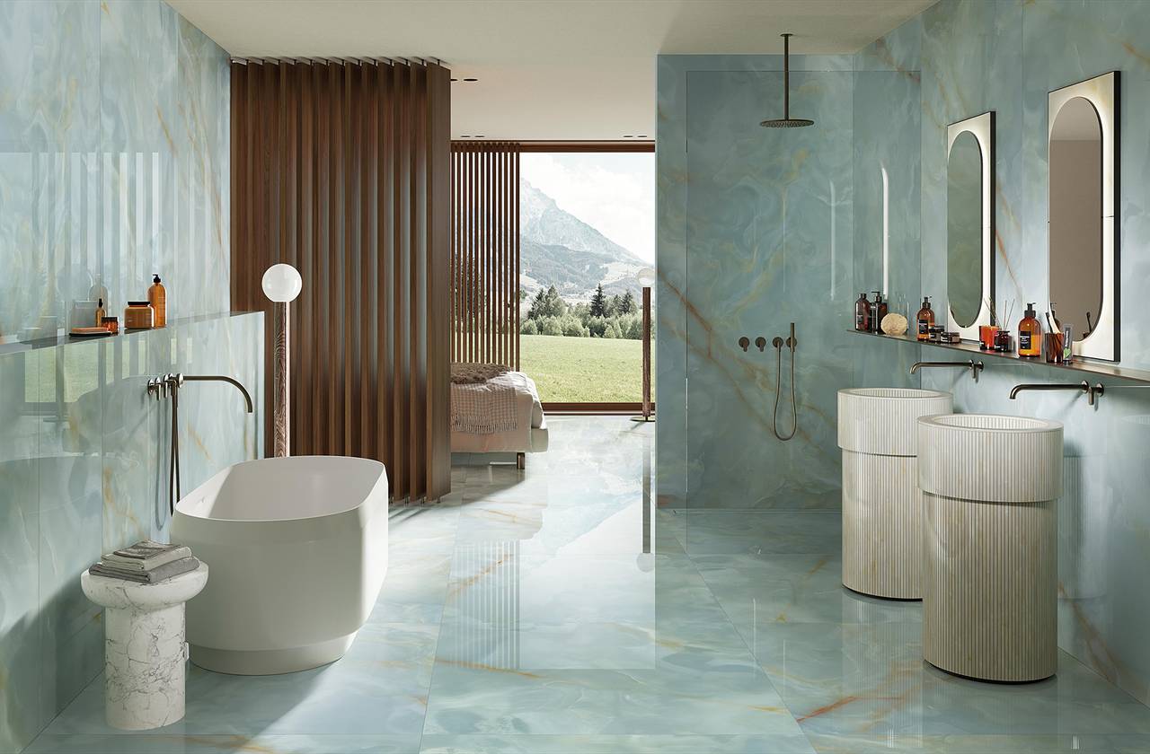 Room view Bathroom, created with tiles from the collection: GEMME – Light Blue