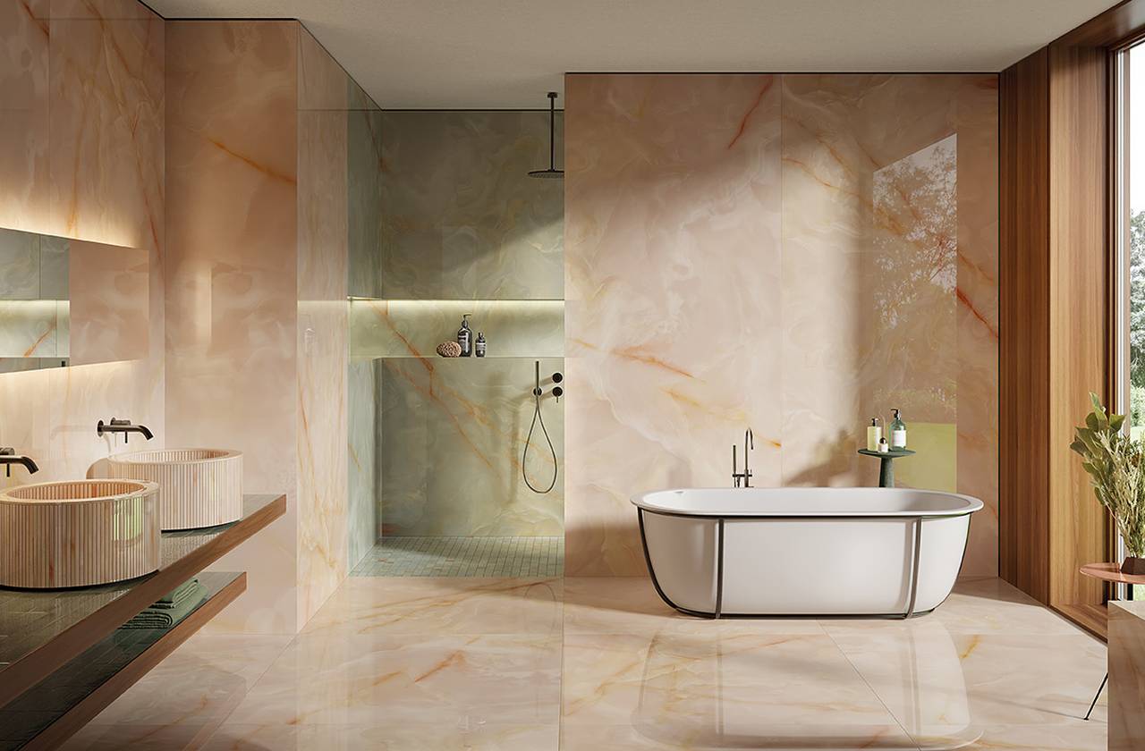 Room view Bathroom, created with tiles from the collection: GEMME – Red-Pink