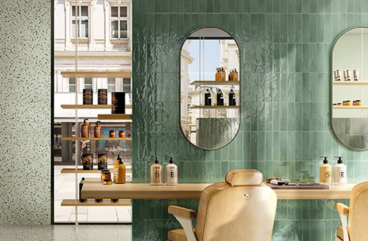 Интерьер контракт, оформленный плиткой из коллекции: GLIM – зеленый