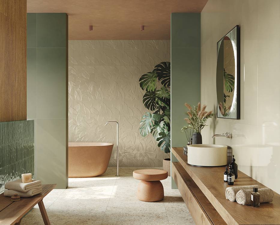 Imagen de ambiente Baño, realizada con baldosas de la colección: MATERIA BRILLANTE – Verde, BROWN, BEIGE