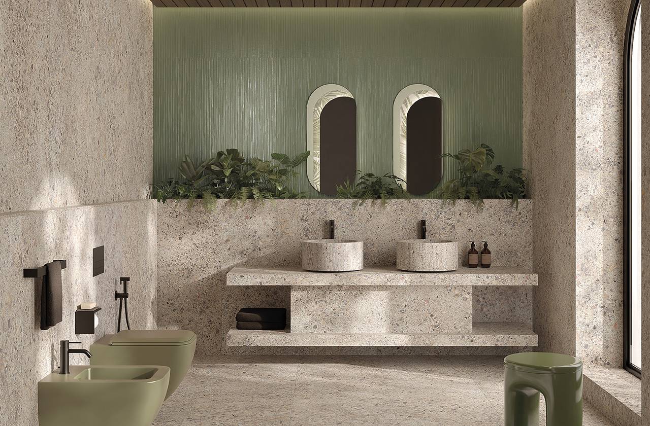 Room view Bathroom, created with tiles from the collection: MATERIA ECLETTICA – Grey, Green