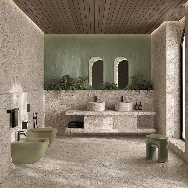 Imagen de ambiente Baño, realizada con baldosas de la colección: MATERIA ECLETTICA – GRIS, Verde