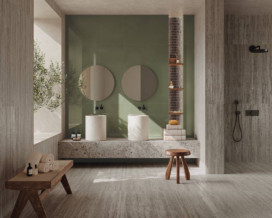 Imagen de ambiente Baño, realizada con baldosas de la colección: MATERIA BRILLANTE – GRIS, Verde