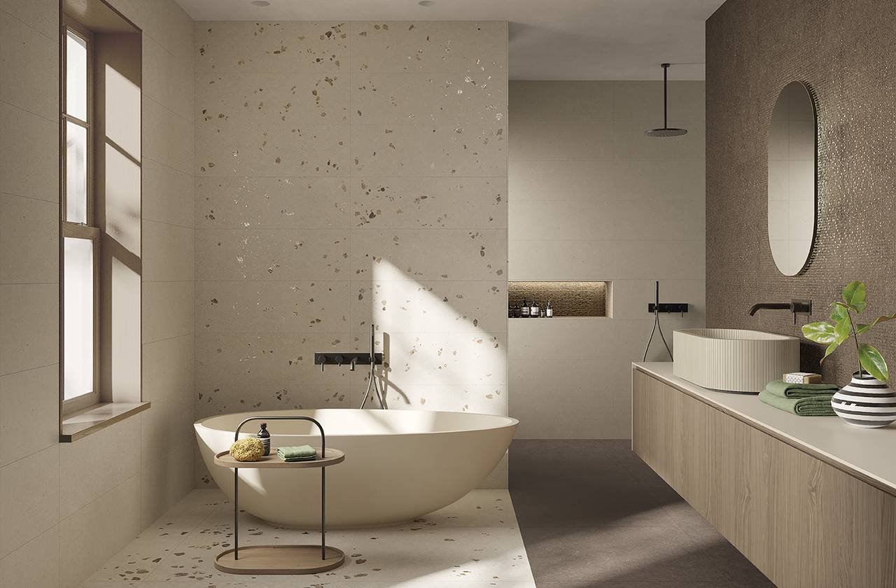 Room view Bathroom, created with tiles from the collection: MATERIA PURA – Grey, Brown
