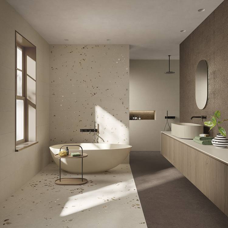 Imagen de ambiente Baño, realizada con baldosas de la colección: MATERIA PURA – GRIS, BROWN