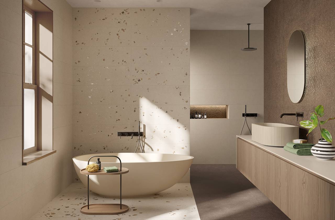Room view Bathroom, created with tiles from the collection: MATERIA PURA wall tiles 30,5x91,5 – Grey, Brown