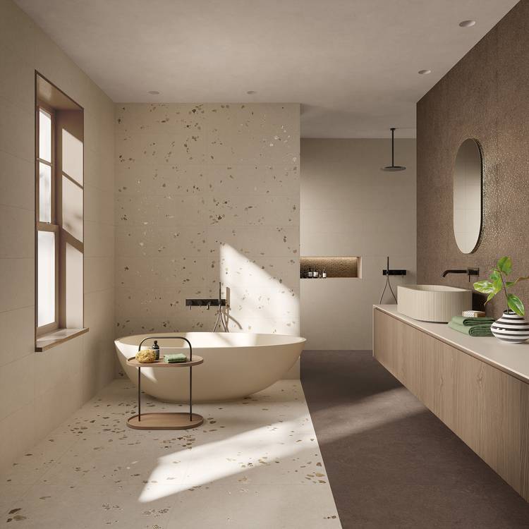 Room view Bathroom, created with tiles from the collection: MATERIA PURA wall tiles 30,5x91,5 – Grey, Brown