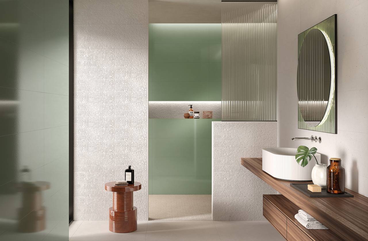Room view Bathroom, created with tiles from the collection: MATERIA PURA wall tiles 30,5x91,5 – Other, White