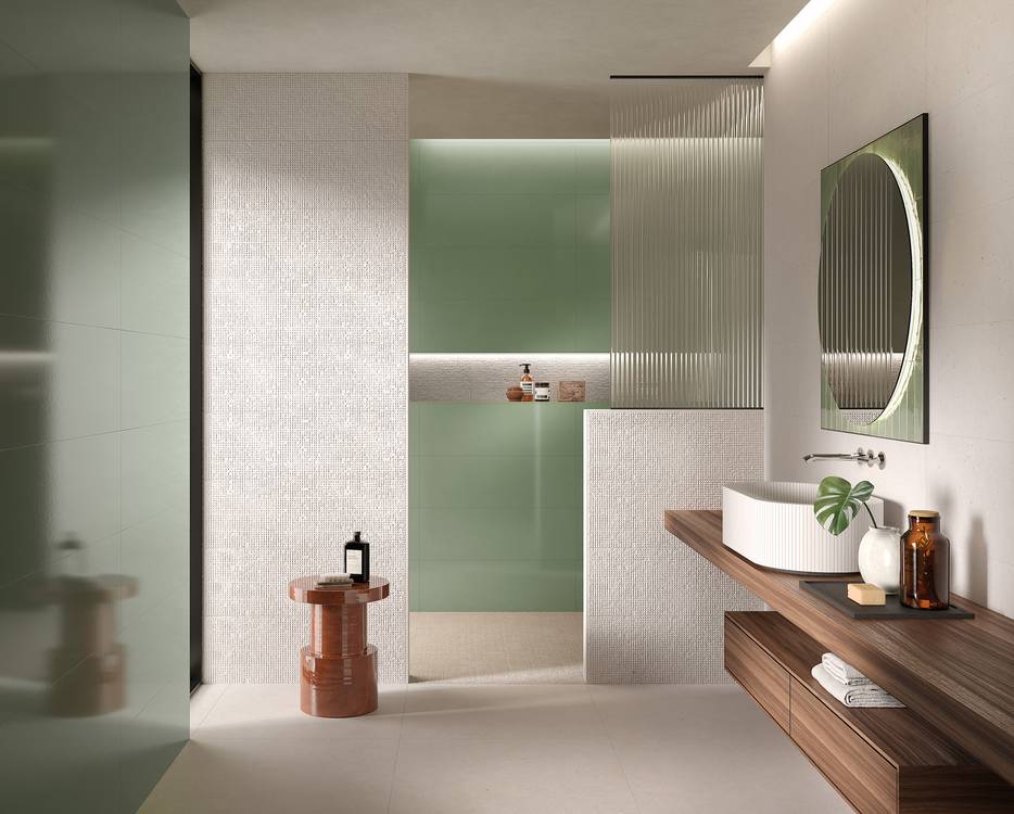 Room view Bathroom, created with tiles from the collection: MATERIA PURA wall tiles 30,5x91,5 – Other, White