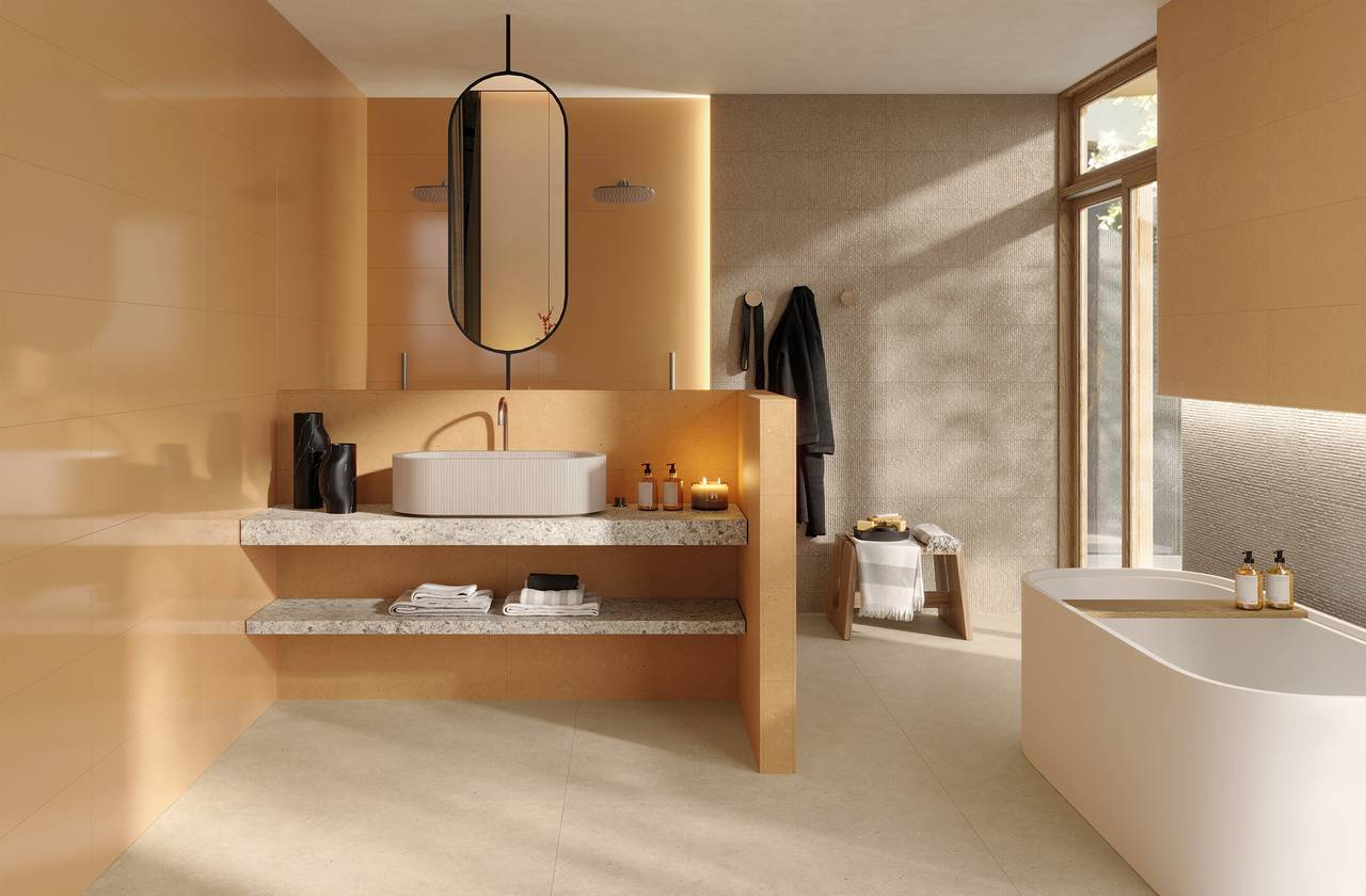Room view Bathroom, created with tiles from the collection: MATERIA PURA wall tiles 30,5x91,5 – Other, Grey