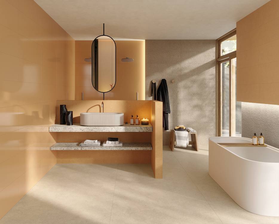 Room view Bathroom, created with tiles from the collection: MATERIA PURA wall tiles 30,5x91,5 – Other, Grey