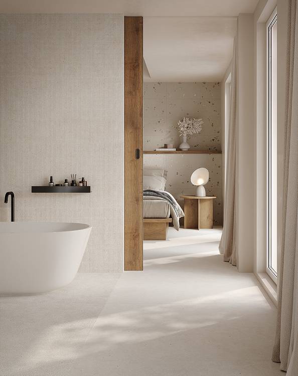 Imagen de ambiente Baño, realizada con baldosas de la colección: MATERIA PURA – BLANCO, GRIS