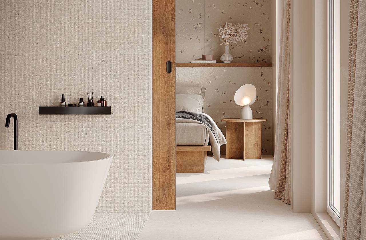 Room view Bathroom, created with tiles from the collection: MATERIA PURA porcelain tiles – Grey, White