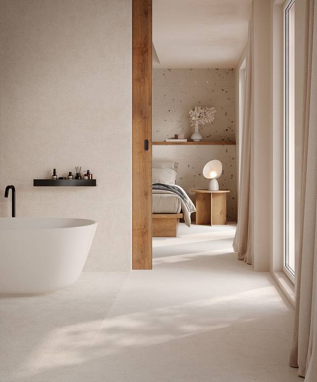 Room view Bathroom, created with tiles from the collection: MATERIA PURA wall tiles 30,5x91,5 – Grey, White