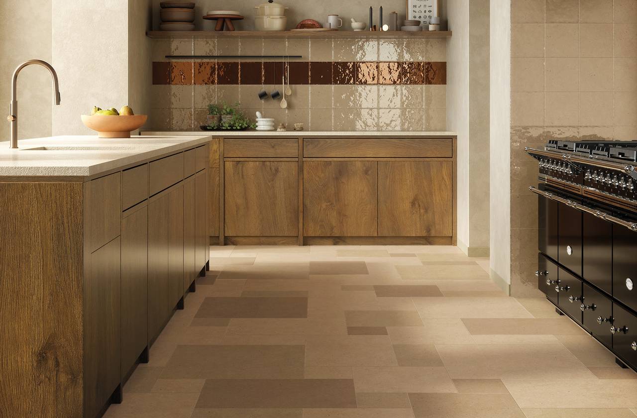 Room view House, created with tiles from the collection: MATERIA PURA porcelain tiles – Red-Pink, Beige