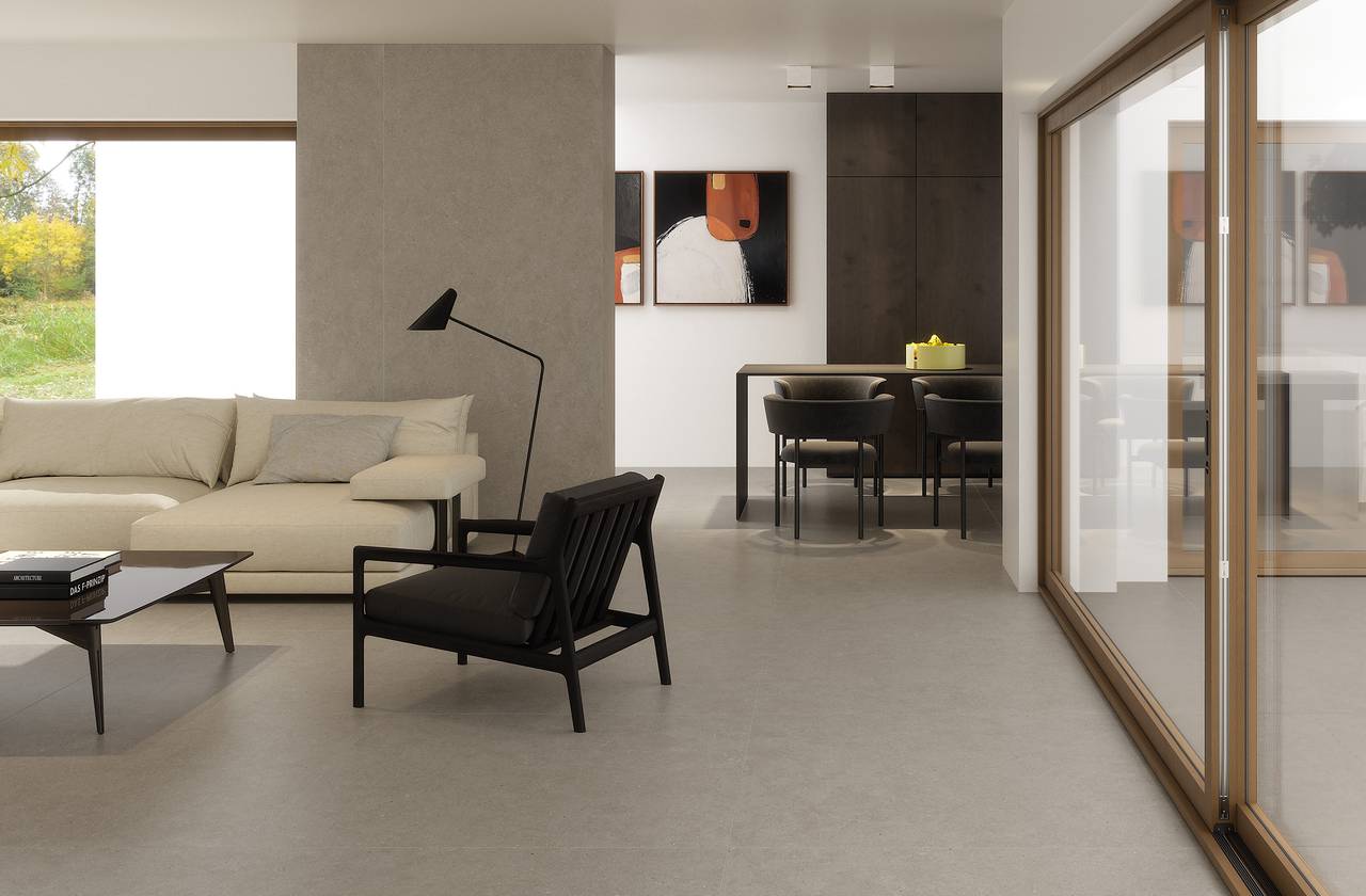 Room view House, created with tiles from the collection: MATERIA PURA porcelain tiles – Grey