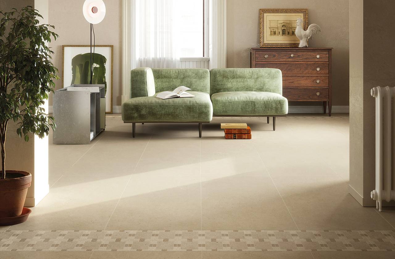 Room view House, created with tiles from the collection: MATERIA PURA porcelain tiles – Beige