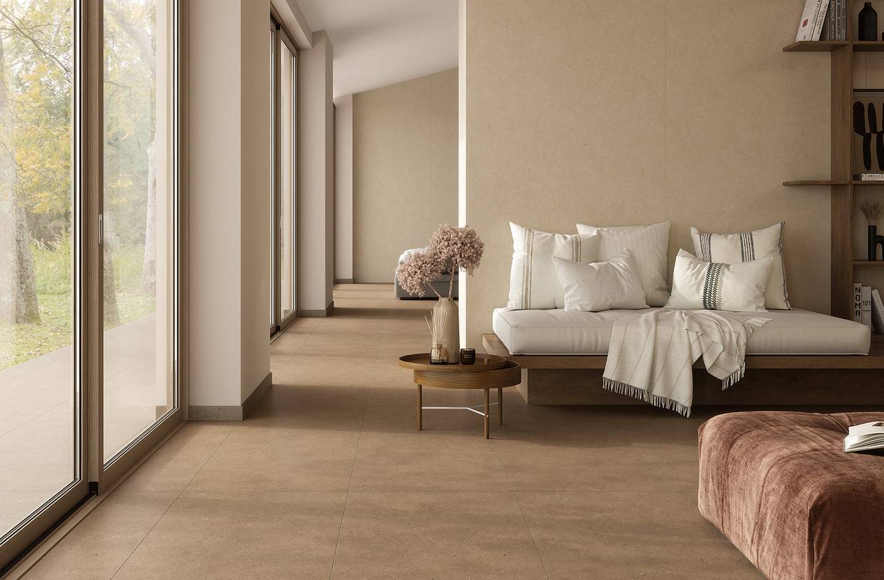 Room view House, created with tiles from the collection: MATERIA PURA porcelain tiles – Beige
