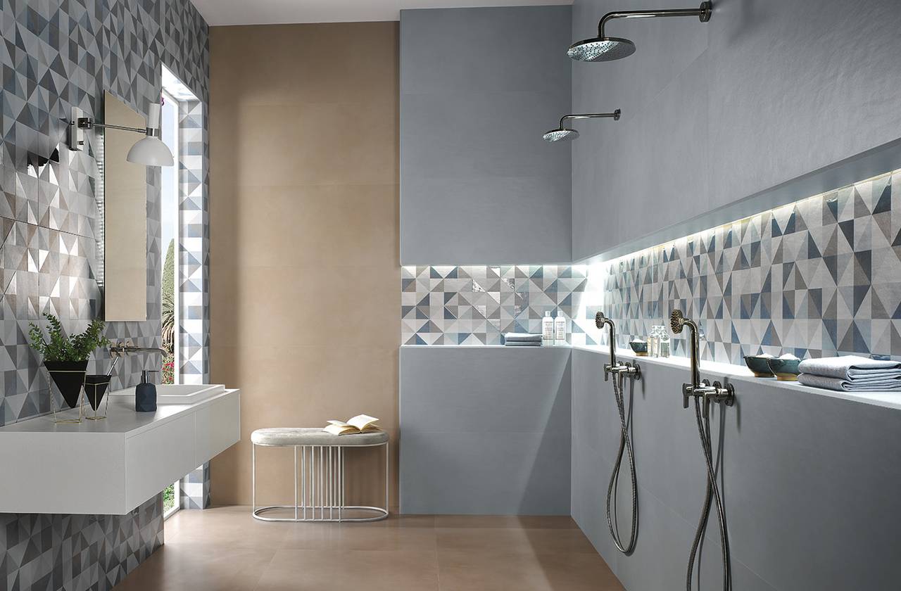 Room view Bathroom, created with tiles from the collection: MILANO MOOD – Beige, Light Blue, Grey