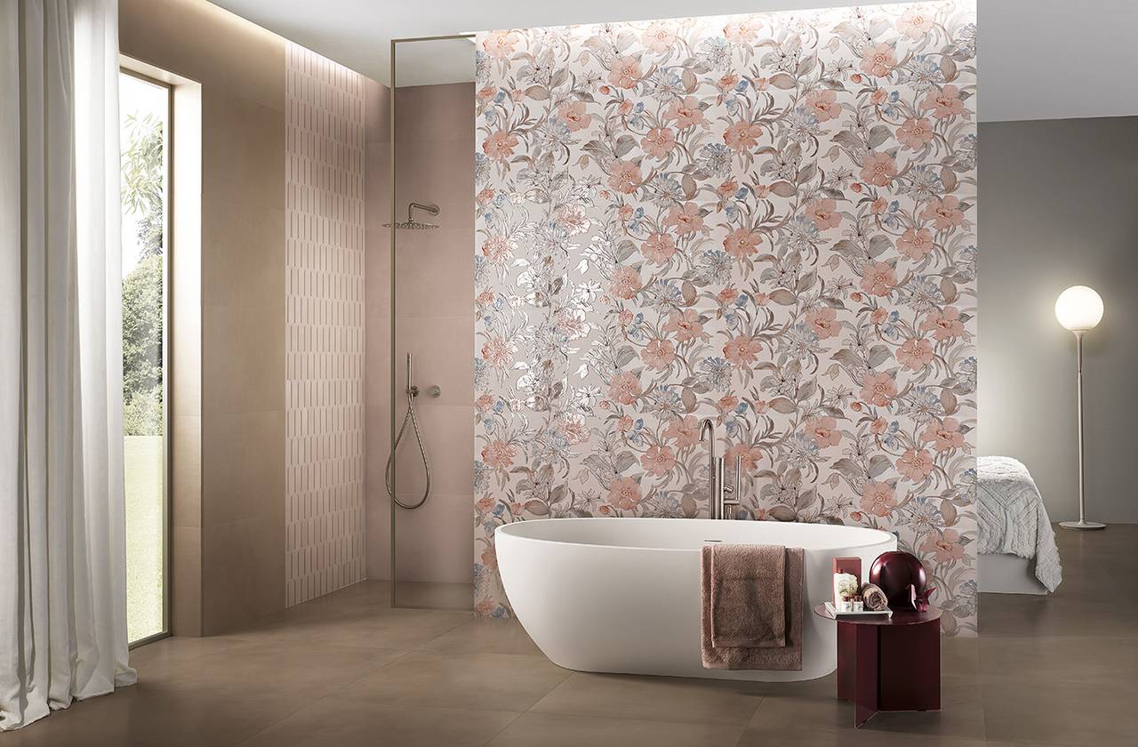 Room view Bathroom, created with tiles from the collection: MILANO MOOD – Red-Pink, Beige