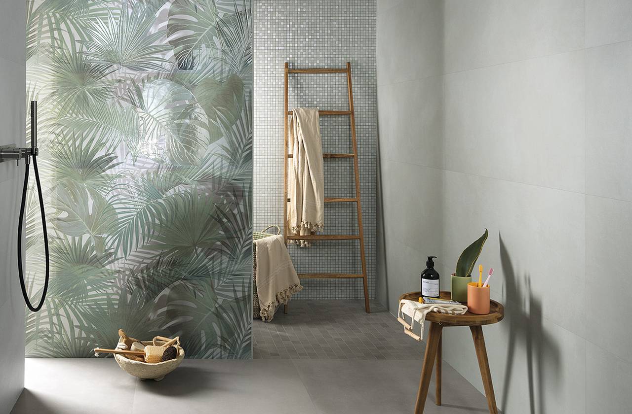 Room view Bathroom, created with tiles from the collection: MILANO MOOD – Green, Grey