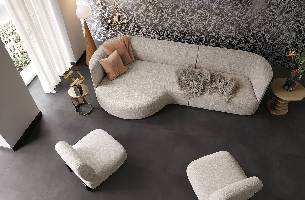 Raumabbildung Hous, gestaltet mit Fliesen aus der Kollektion: MILANO MOOD – WEISS, SCHWARZ