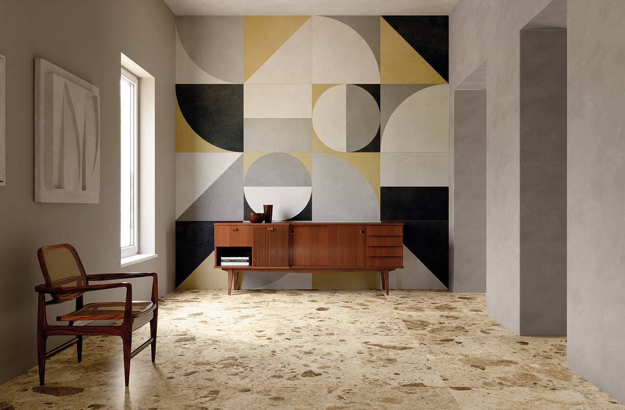 Raumabbildung Hous, gestaltet mit Fliesen aus der Kollektion: FAP MURALS – GRAU