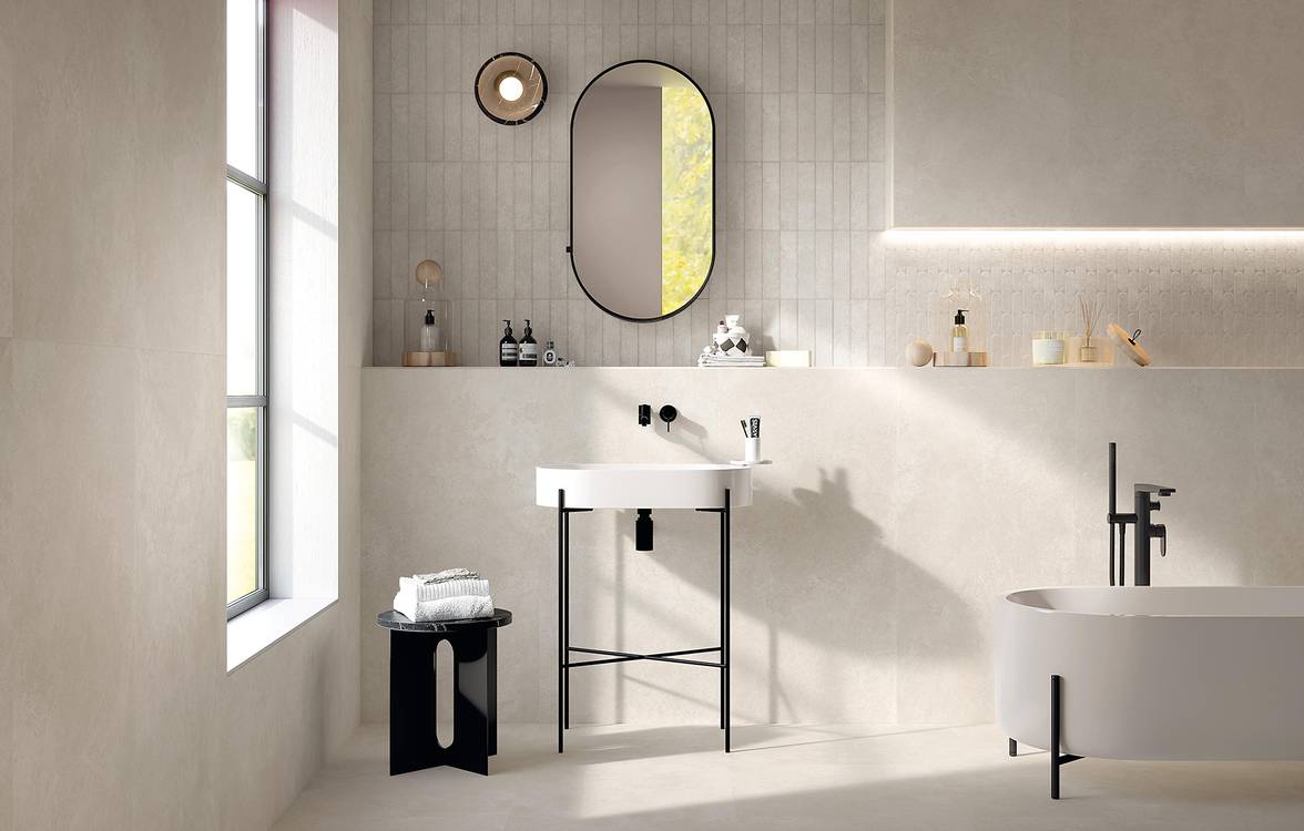 Imagen de ambiente Baño, realizada con baldosas de la colección: NOBU – BLANCO