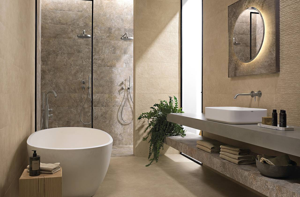Room view Bathroom, created with tiles from the collection: NOBU – Beige, Brown