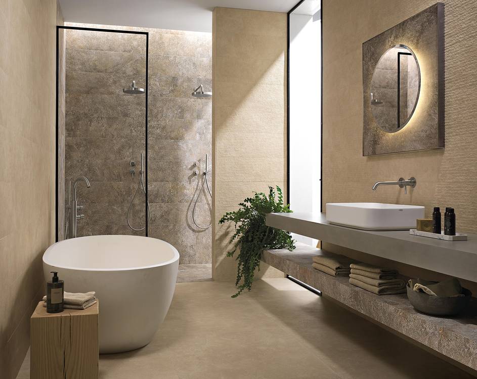 Imagen de ambiente Baño, realizada con baldosas de la colección: NOBU – BEIGE, BROWN