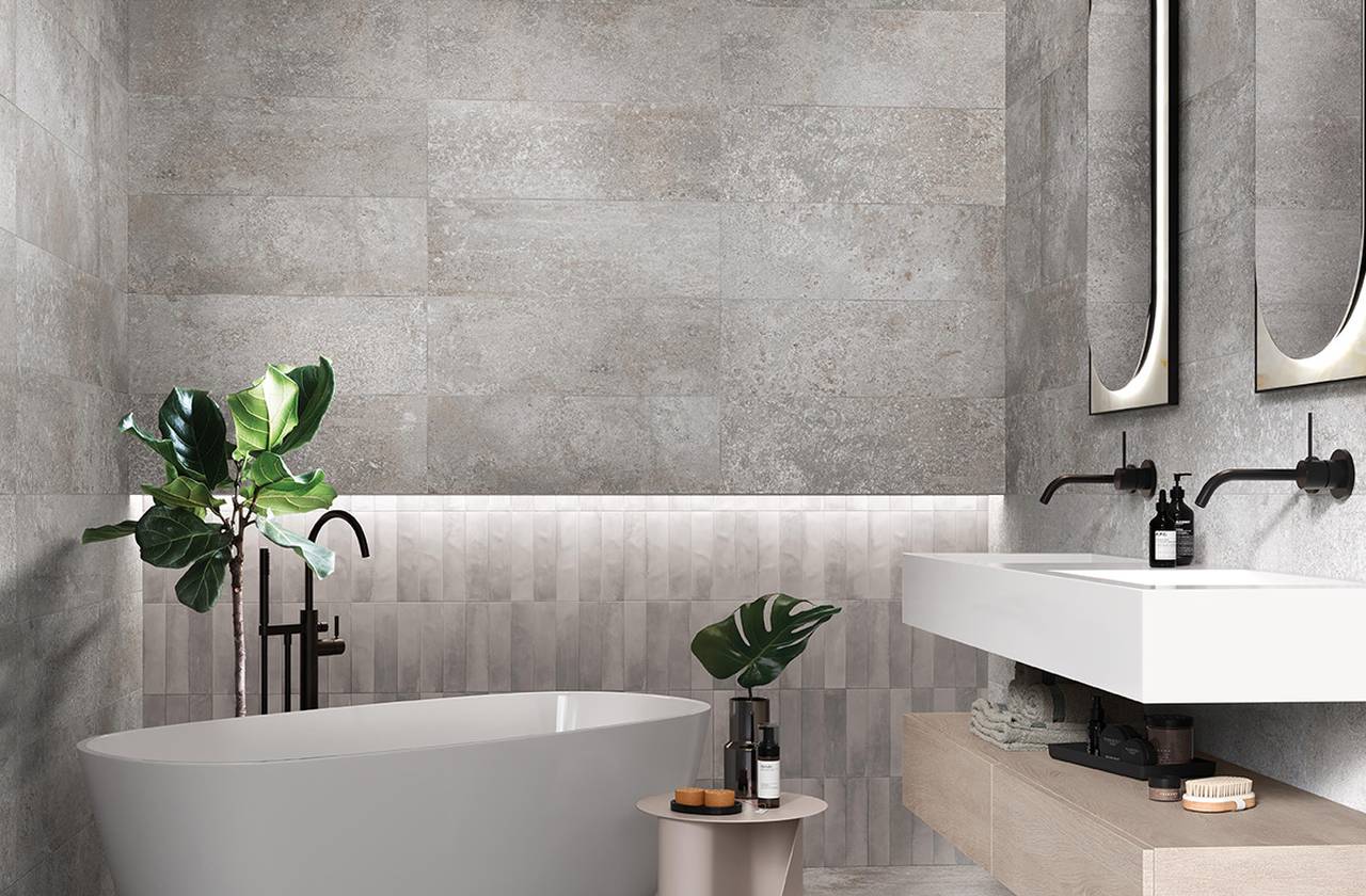 Room view Bathroom, created with tiles from the collection: OXIDE – Grey