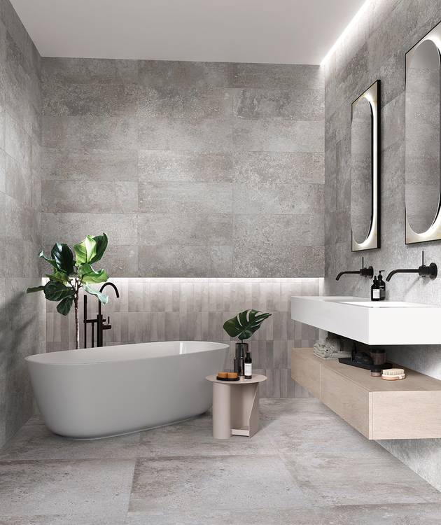 Imagen de ambiente Baño, realizada con baldosas de la colección: OXIDE – GRIS