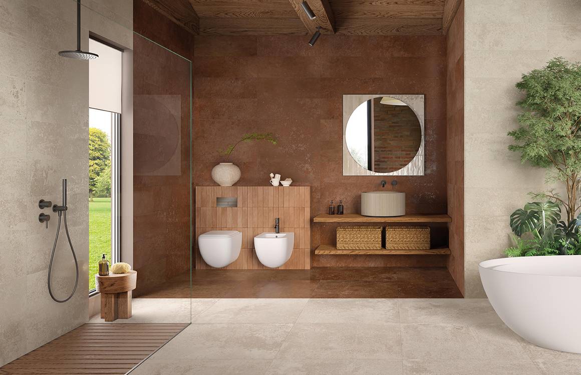 Imagen de ambiente Baño, realizada con baldosas de la colección: OXIDE – BEIGE, BROWN