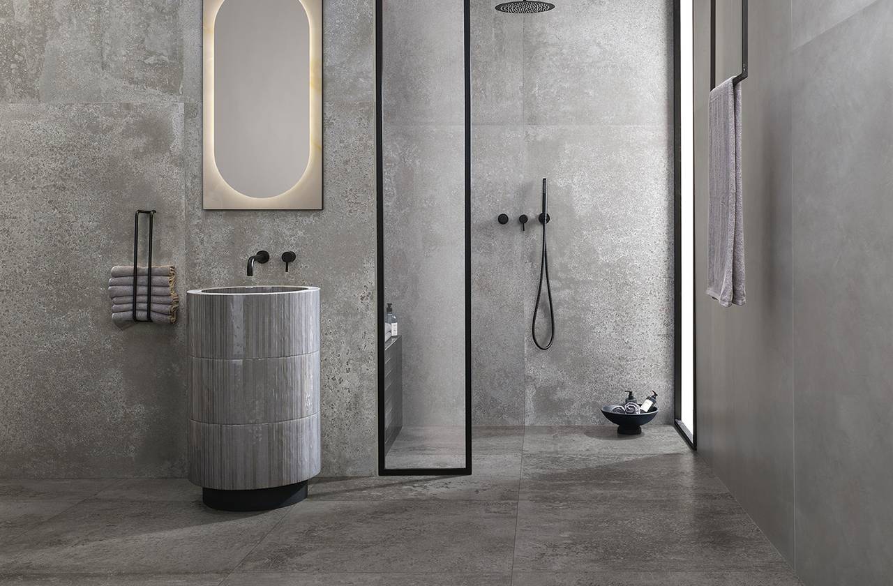 Room view Bathroom, created with tiles from the collection: OXIDE – Grey
