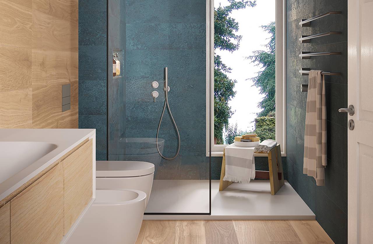 Room view Bathroom, created with tiles from the collection: OXIDE – Beige, Blue